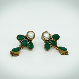 Precious Emerald Stone with White Pearl Brass Earrings / Jhumkis for Women and Girls